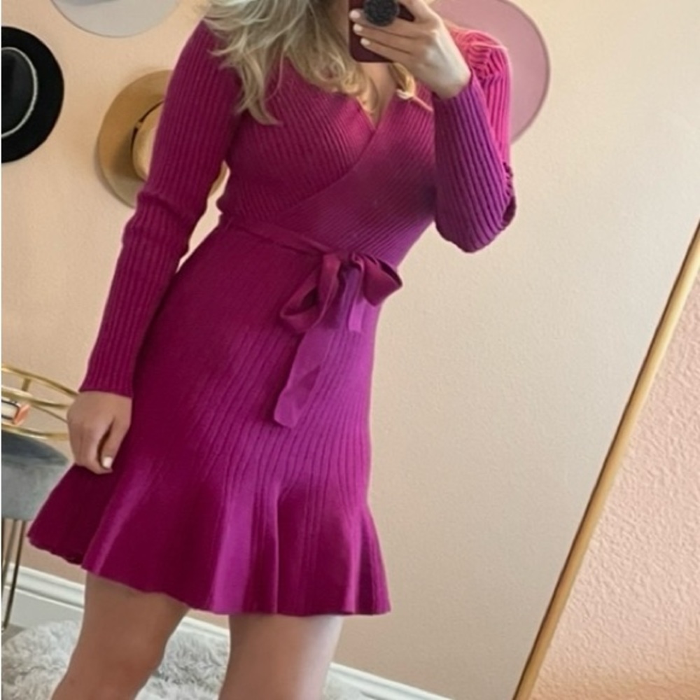 Pink Fit and Flare V-Neck Long Sleeve Dress